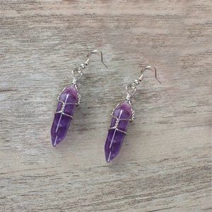 Natural Amethyst Hexagon Crystal Dangle Earrings